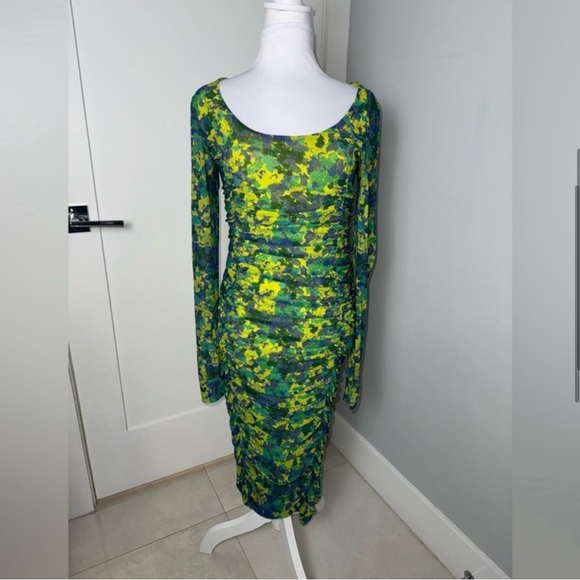 Ganni Ruched Printed Long Sleeve Stretch-Mesh Midi Dress - Picture 5 of 12